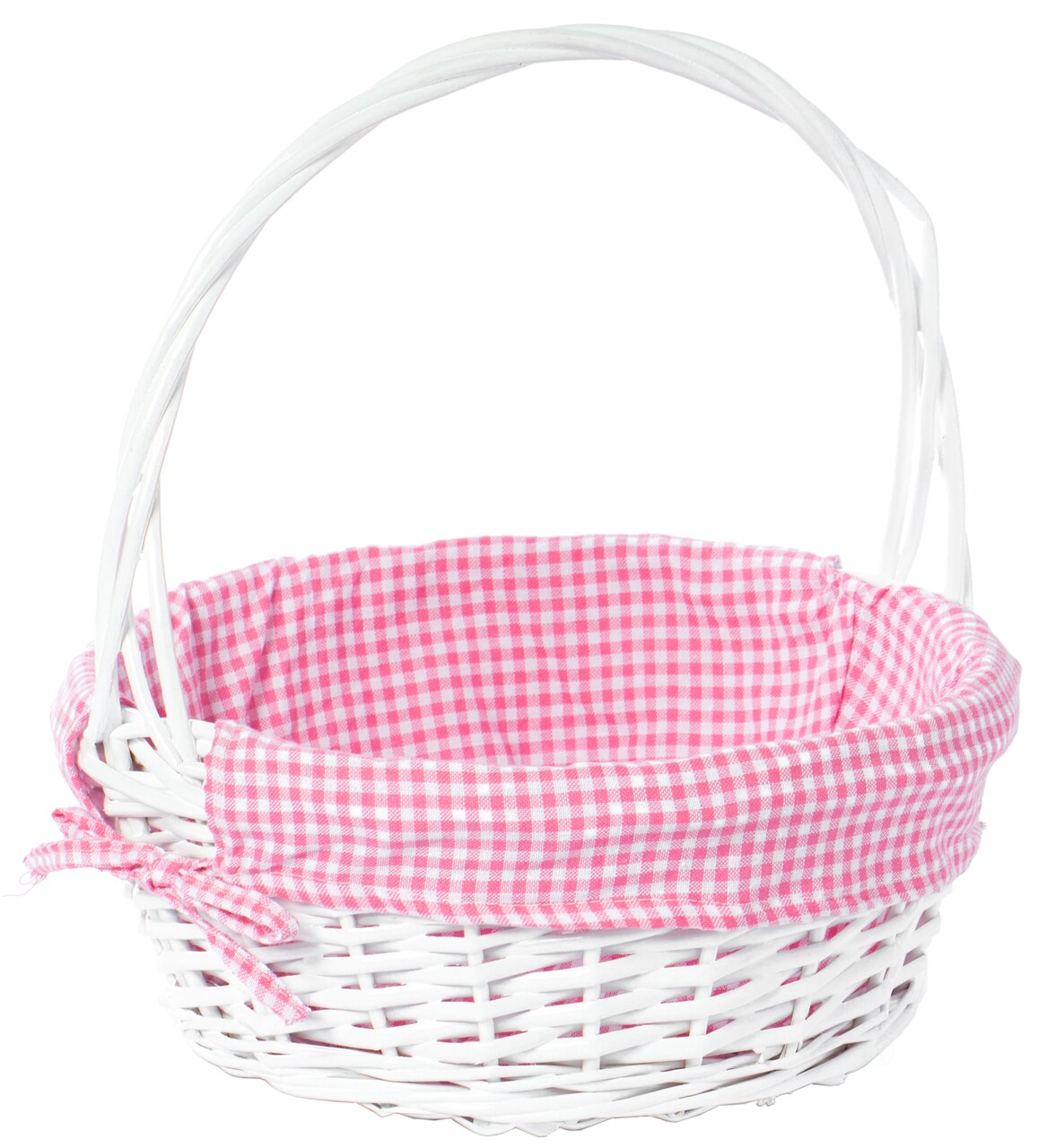White Round Willow Gift Basket, with Gingham Liner and Handle
